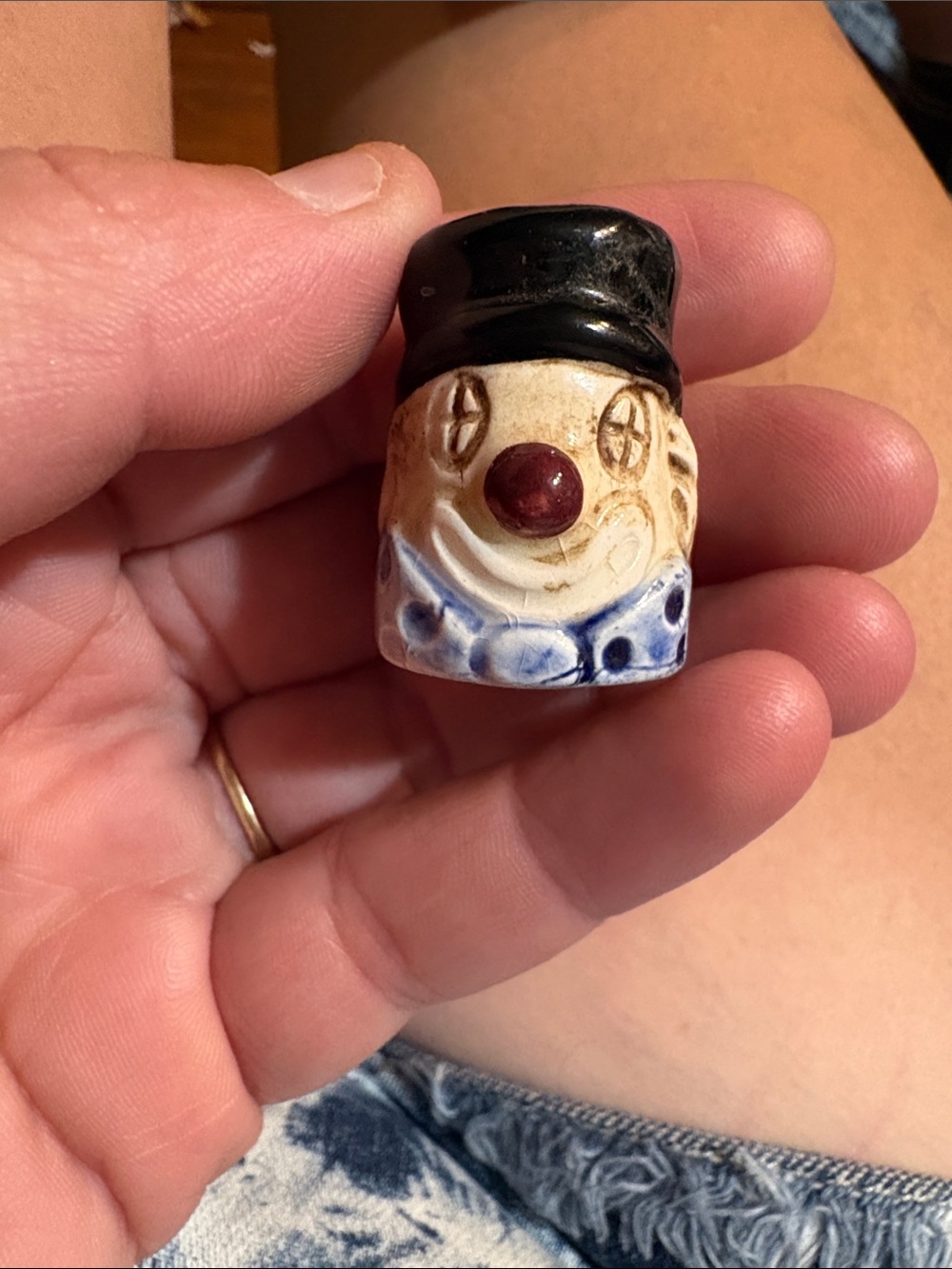 Hand-Painted Ceramic Clown thimble - Black, White, Blue